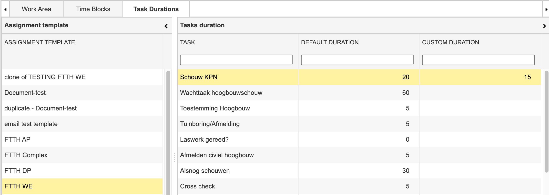 Custom task duration per Work Area