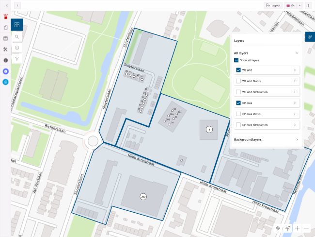 Distribution point areas and units in the map view in GO FiberConnect.